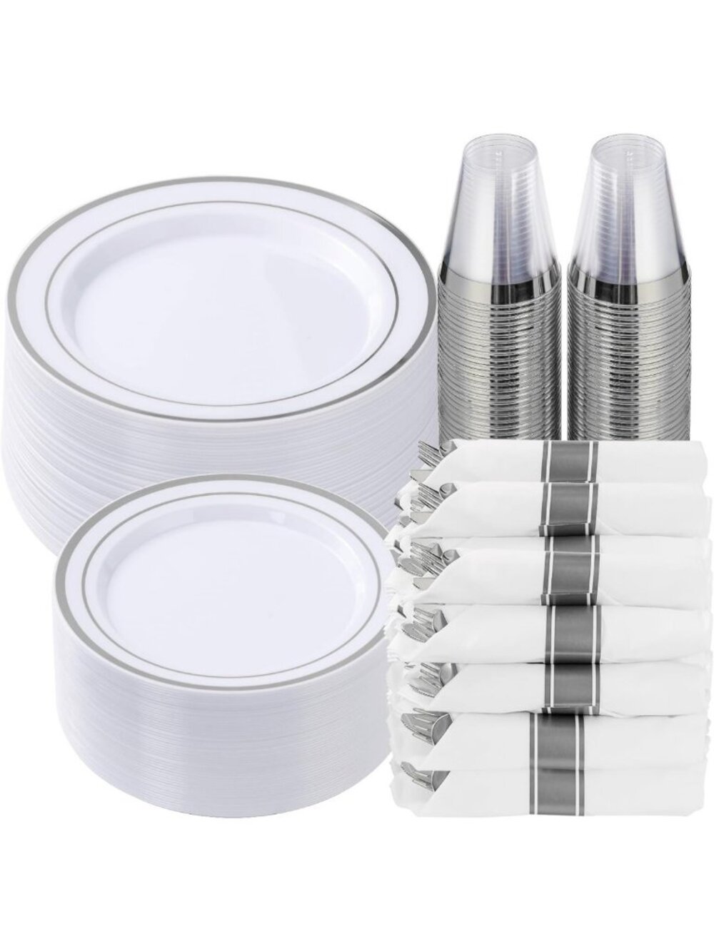350-Piece Silver Plastic Dinnerware Set for 50 Guests - Elegant Party Supplies